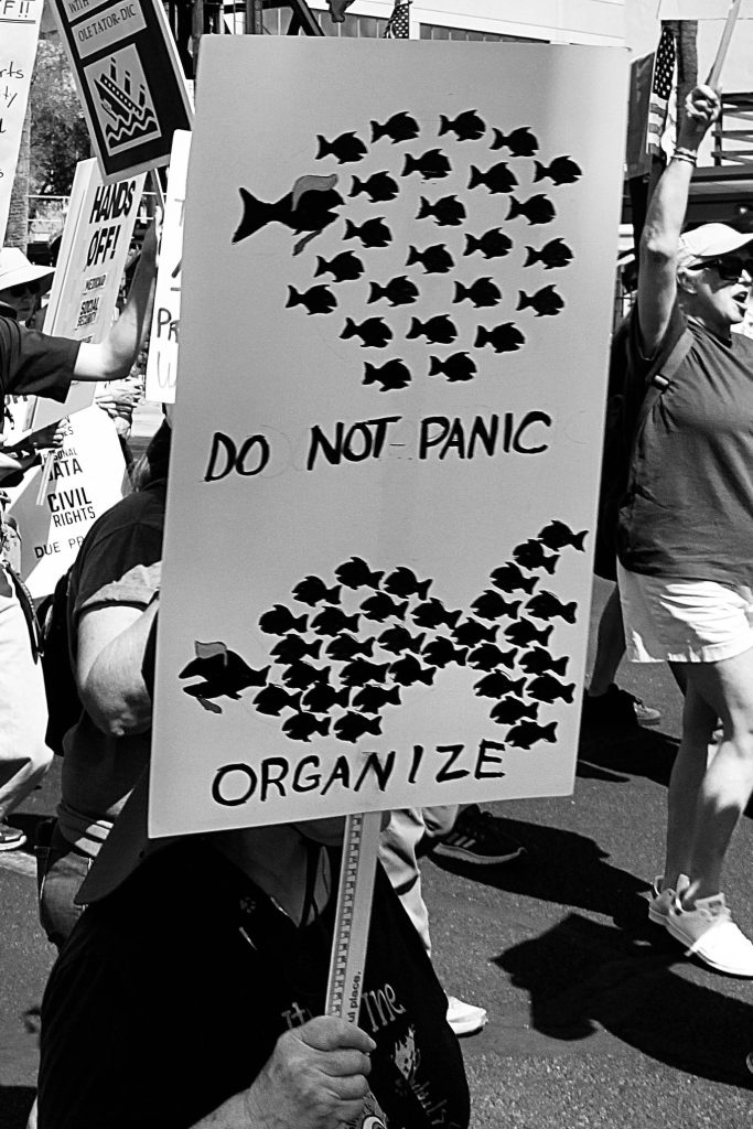 Black and white picture of protest march. About half a dozen signs visible but picture focuses on one. Picture of a bunch of fish being chased by a larger one with Trump-esque toupee and tie. "DO NOT PANIC". Then another picture of the fish forming a larger fish chasing aforementioned Trump-like fish "ORGANIZE>