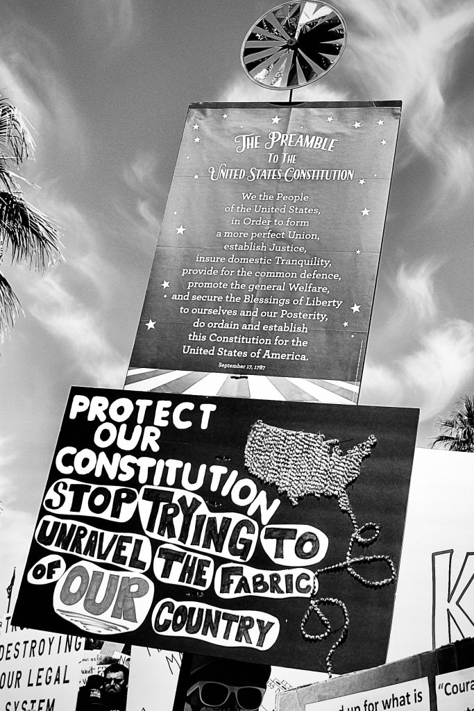 Black and white picture of two protest signs on top of one another and a circular pinwheel at the top. Top one says "The Preamble to the United States Constitution" then the preamble. Bottom sign says "Protect our constitution" "Stop trying to unravel the fabric of OUR country" with a mainland U.S. map made of multicolored yarn, with a strand coming off Florida, making loops, and hanging off the sign about 2 feet.